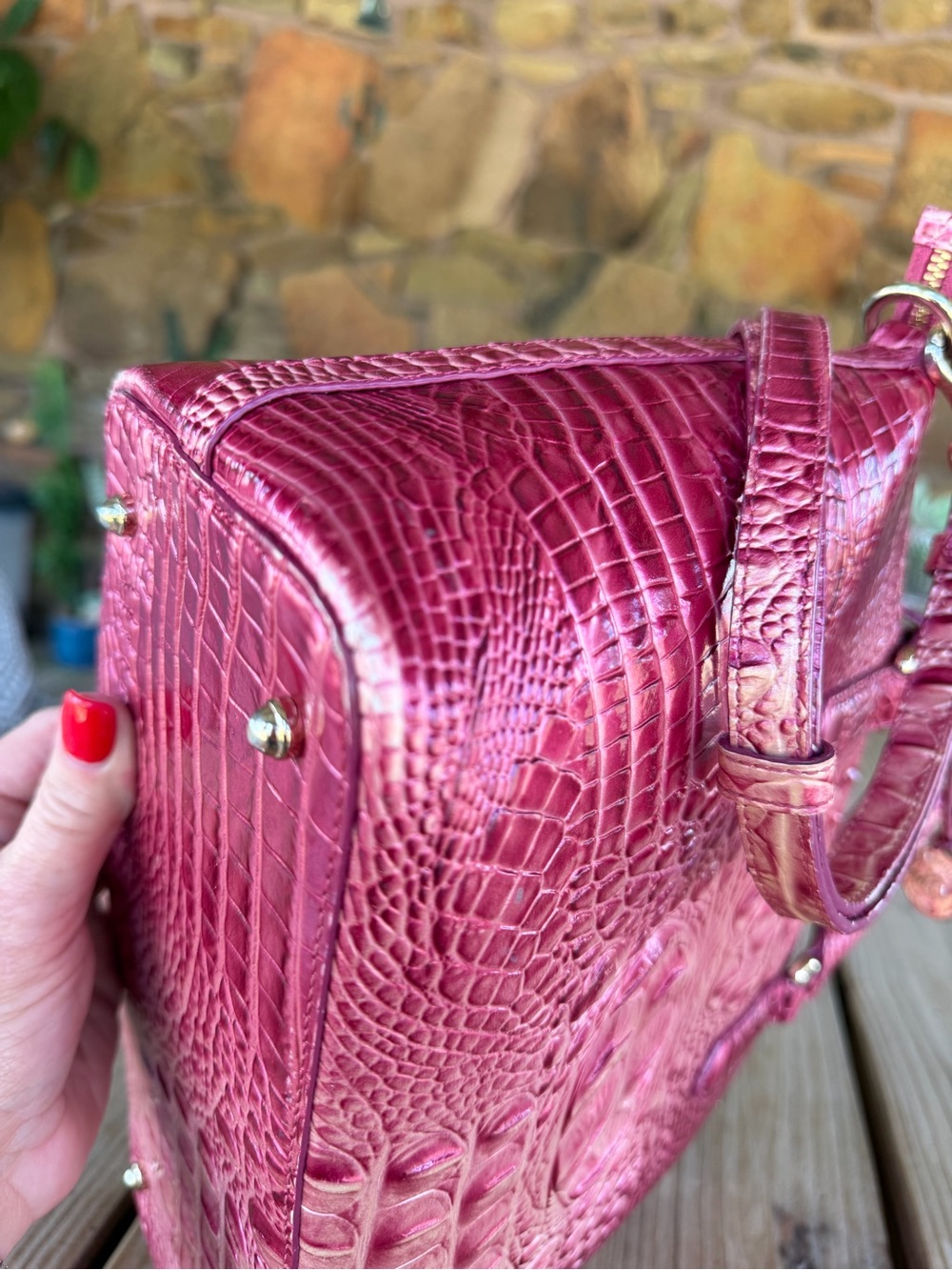 Brahmin Metallic Pink Croc-Embossed Satchel Bag - Picture 11 of 15
